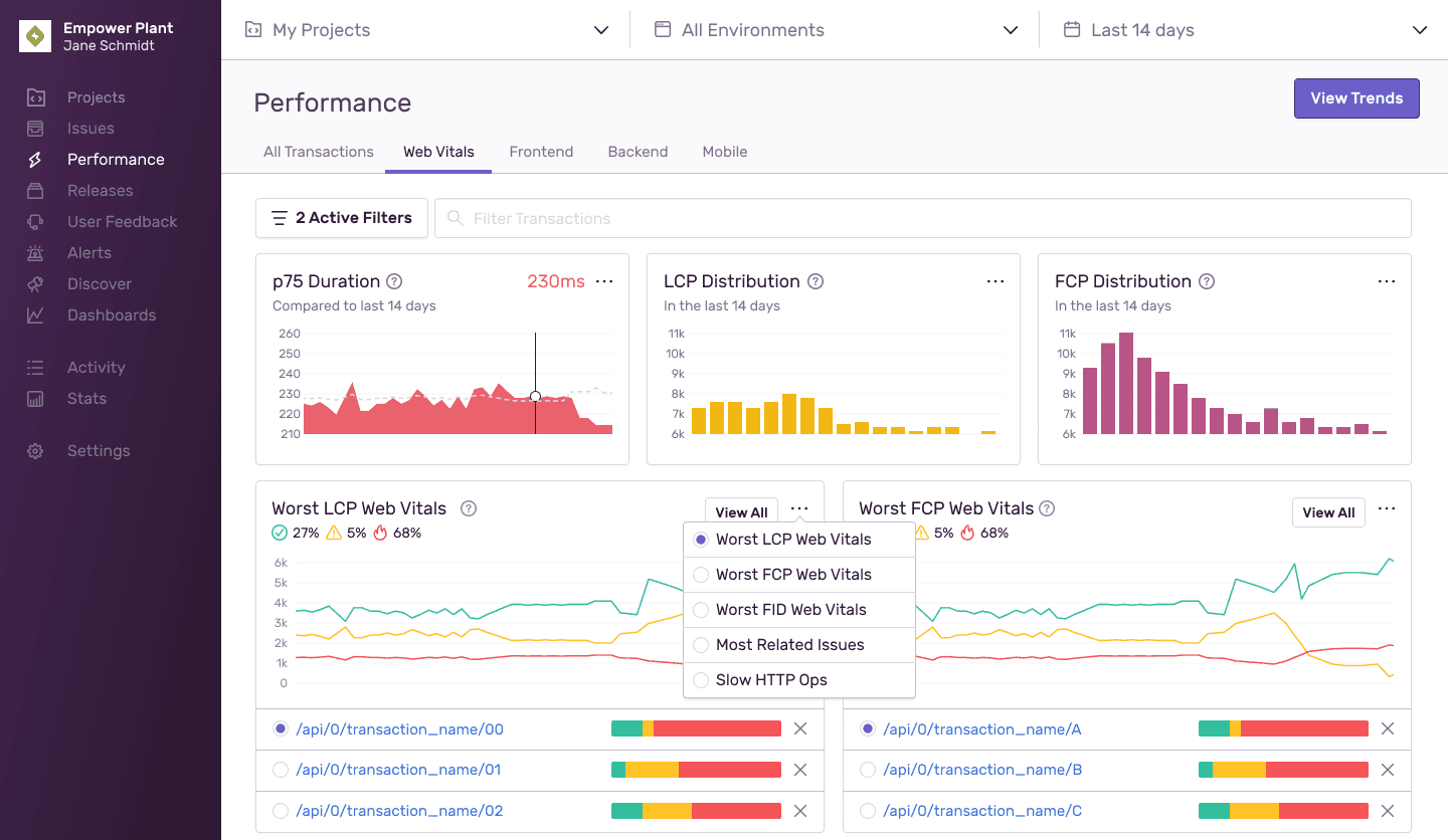 Performance homepage with Web Vitals widgets.